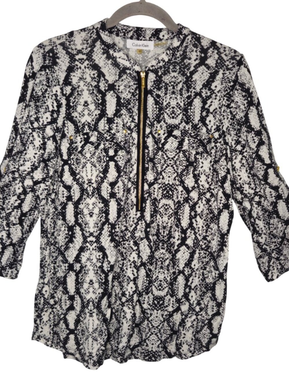 Calvin Klein Black and White Snakeskin Print 3/4 Sleeve Blouse Size Small